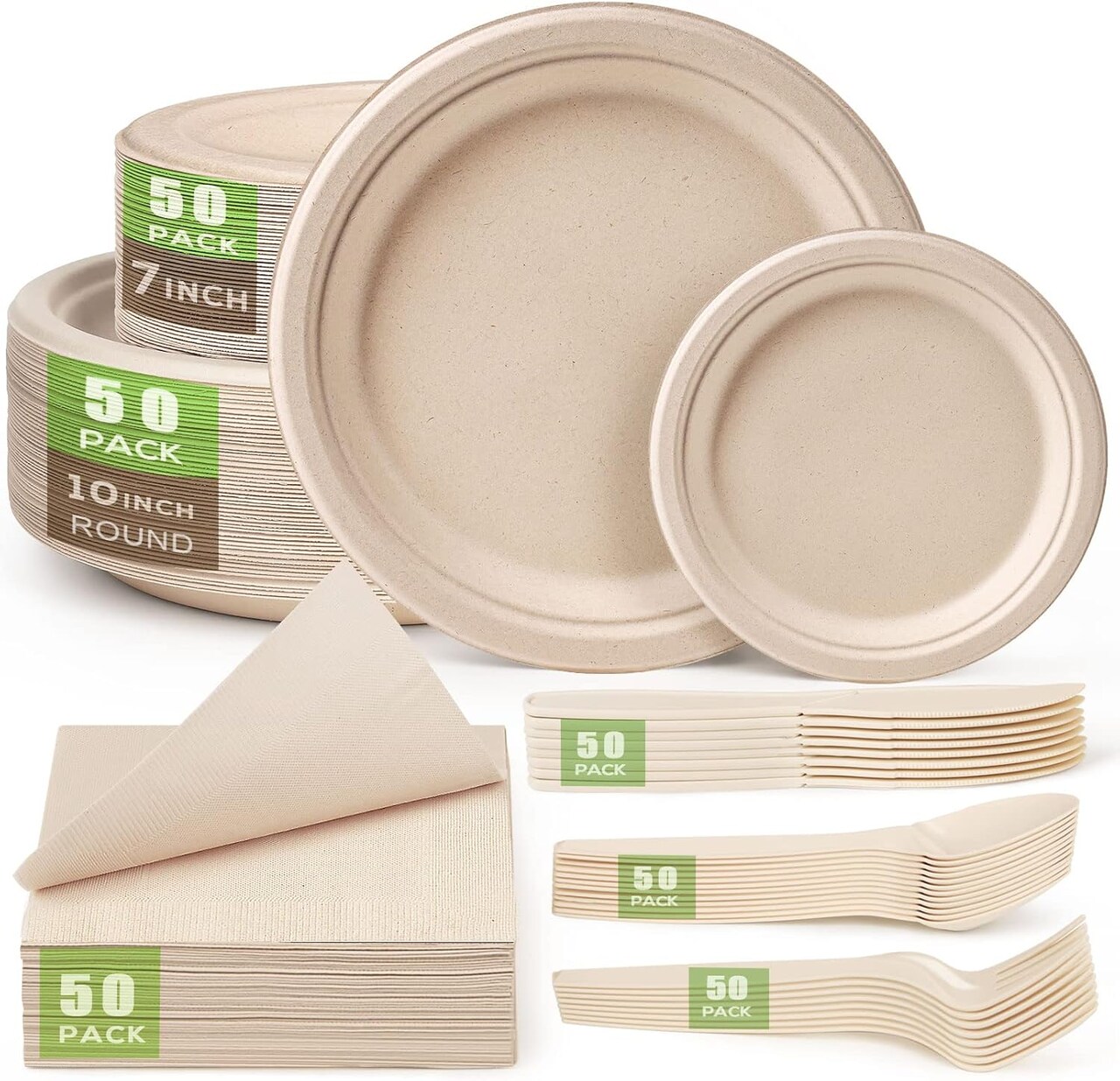 300-piece compostable paper plates set, featuring 10-inch eco-friendly plates made from sugarcane pulp. This heavy-duty disposable set includes utensils and napkins, perfect for parties, events, and gatherings, providing a sustainable solution for yo
